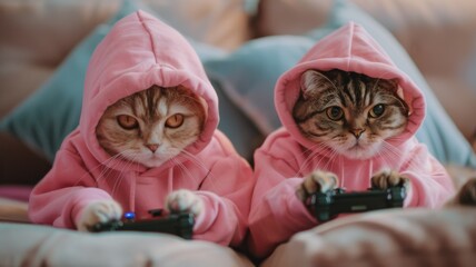 Cats in pink hoodies playing video games - Two adorable cats dressed in pink hoodies are intensely playing video games, showing their human-like concentration and gaming skills - obrazy, fototapety, plakaty