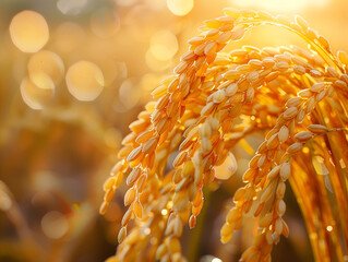 Golden rice, a closeup of ears of golden rice in the background with a blurred field 
