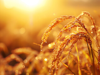 Golden rice, a closeup of ears of golden rice in the background with a blurred field 