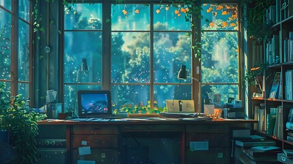 Chill Jungle Workspace: Lofi Anime Manga Style, Messy Desk, Colorful Study, Cozy Atmosphere