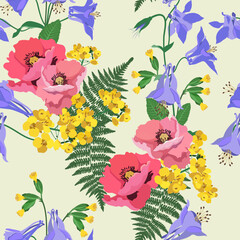 Seamless vector illustration with field flowers. .