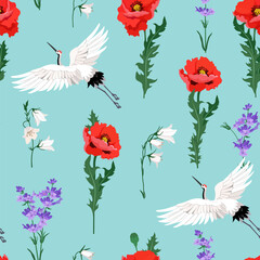 Poppy, lavender, campanula and cranes on a turquoise background.