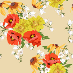 Seamless vector illustration with yellow marigolds, poppy and campanula