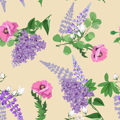 Seamless vector illustration with lilac, lupine, poppy and campanula on a beige background.
