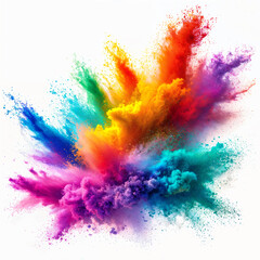 A vibrant explosion of colorful powder, creating a dynamic and eye-catching display against a white background.
