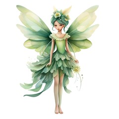 Beautiful fairy with green wings isolated on white background. Watercolor illustration.