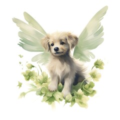 Puppy with wings and flowers isolated on white background. Watercolor illustration.