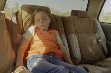 A little girl fast asleep in the back seat of a car, bathed in warm sunlight, depicting a peaceful journey.
