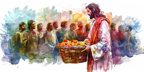 Miracle Worker: The Overflowing Basket and Amazed Onlookers - Visualize Jesus with a basket overflowing with food and people looking on in amazement, illustrating his ability to perform miracles