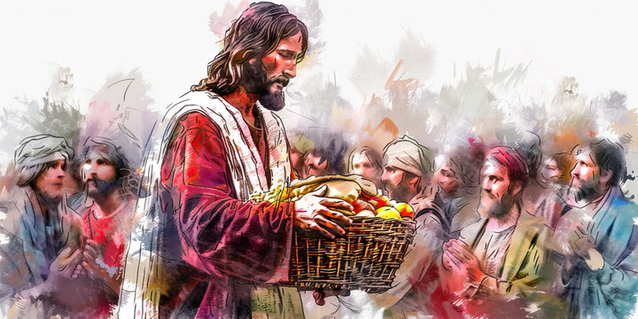 Miracle Worker: The Overflowing Basket and Amazed Onlookers - Visualize Jesus with a basket overflowing with food and people looking on in amazement, illustrating his ability to perform miracles