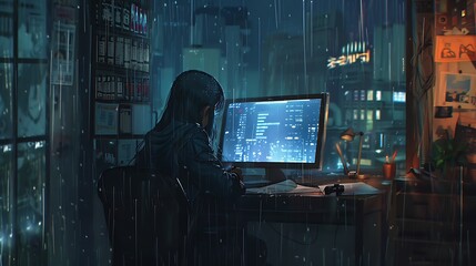 Lofi Girl's Study Space: Rainy Day Desk Scene with Chill Hip-Hop Anime Background