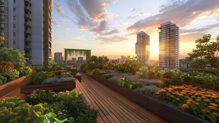 A rooftop garden with a view of the city