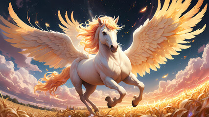 Generate an anime-style image of a heavenly farm filled with Pegasus. Most are radiant white, soaring gracefully, but one stands out with shimmering golden, fiery feathers, leaving a trail of flames. 