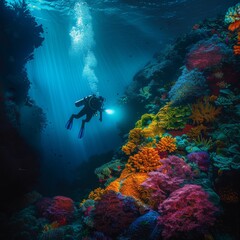A scuba diver explores a coral reef.
