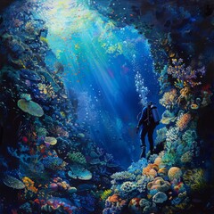 Naklejka na ściany i meble A scuba diver explores a coral reef.