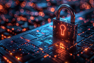 Cyber security and data protection concept. Padlock on computer circuit board.