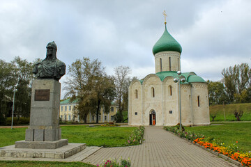 View of monument to Prince Alexander Nevsky and Spaso-Preobrazhensky Cathedral