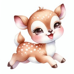 Naklejka premium illustration A cute deer watercolor clipart , with soft colors and white background. The tree should be full and lush, with a wide canopy of leaves