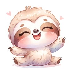 Naklejka premium illustration A cute sloth watercolor clipart of a tree, with soft colors and white background. The tree should be full and lush, with a wide canopy of leaves