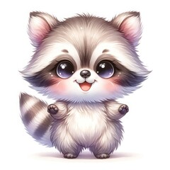 Naklejka premium illustration A cute raccoon watercolor clipart , with soft colors and white background. The tree should be full and lush, with a wide canopy of leaves