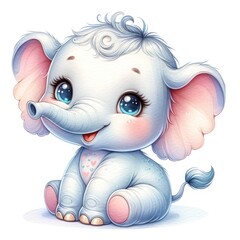 Naklejka premium illustration A cute elephant watercolor clipart of a tree, with soft colors and white background. The tree should be full and lush, with a wide canopy of leaves