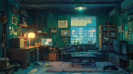 Chill Lofi Space: Anime Manga Style, Atmospheric Wallpaper, Hip-Hop Vibes, Cozy Room Background