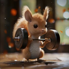 An adorable squirrel with fluffy fur lifting a dumbbell.