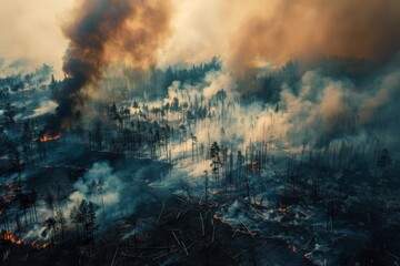 Aerial view of a forest fire in a dry region, showcasing the devastation of wildfire. the impact of global warming on increased wildfire occurrences