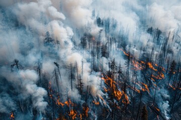Aerial view of a forest fire in a dry region, showcasing the devastation of wildfire. the impact of global warming on increased wildfire occurrences