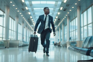 An African American businessman in a suit rushing through an airport with a suitcase. the impact of global warming on increased wildfire occurrences