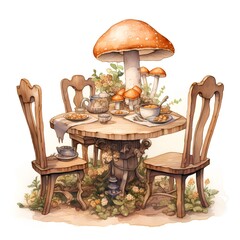Cafe table with mushrooms and tea. Watercolor hand drawn illustration