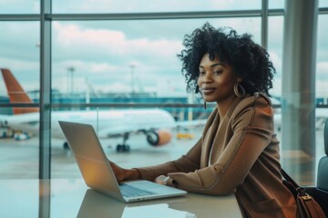 African American businesswoman using a laptop at an airport with airplanes in the background.