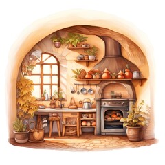 Illustration of a cozy kitchen with a fireplace, a wooden oven, a kettle, a cupboard, a panoramic window.