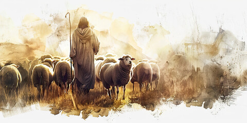 Shepherd: The Flock of Sheep and Protective Staff - Visualize Jesus with a flock of sheep and a protective staff, illustrating his role as a shepherd.