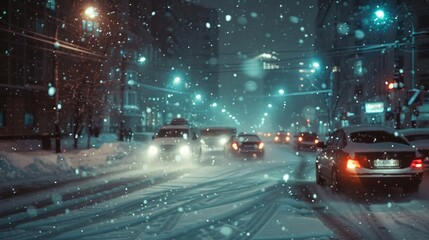 a snow covered urban city road with traffic lights on street with cars while snow fall at night