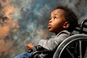 An African American toddler in a wheelchair looking up, with a thoughtful expression and space for text.
