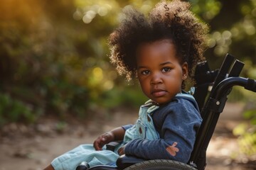 African American toddler in a wheelchair in a park, with a serious expression and natural backdrop.