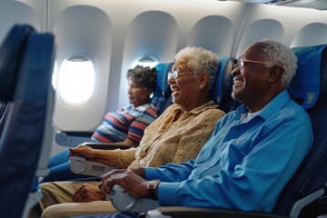 Elderly African American couple holding hands and smiling on an airplane, sharing a joyful moment.