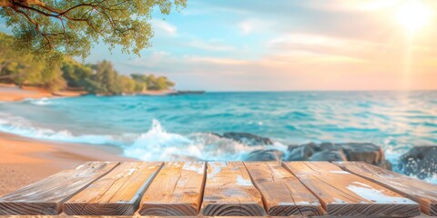Obraz premium table wooden on sea beach