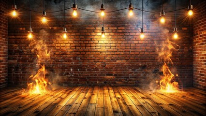 Fototapeta premium Dark basement room, empty old brick wall, sparks of fire and light on the walls and wooden floor. Dark background with smoke and bright highlights. neon lamps on the wall, night view.