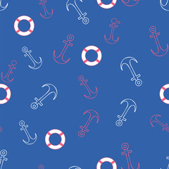 Summer seamless pattern with anchors and life buoys. Nautical seamless pattern for background, backdrop, print, textile, wrapping, swim