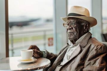 Elderly African American man sitting in an airport cafe, drinking coffee.