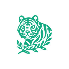 Green and White Illustration of Tiger with Tree Ornament