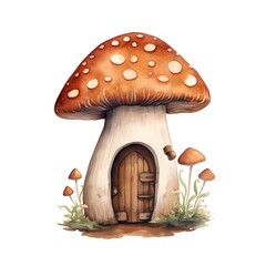 Watercolor mushroom house. Hand drawn illustration isolated on white background.