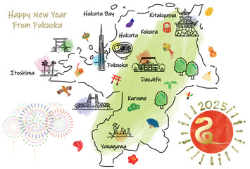 福岡県の観光地のイラストマップ年賀状2025年