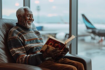 Elderly African American man reading a book in an airport lounge, smiling.