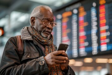 Elderly African American man using a smartphone in an airport, wearing a cap.