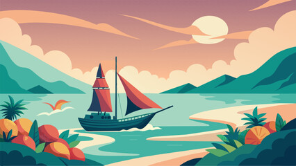 Naklejka premium A seascape featuring a ship with sails made of exotic es sailing through choppy waves towards an uncharted island full of tropical fruits and