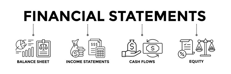 Financial statements banner icons set with black outline icon of graph, balance sheet, pie chart, income statements, money, calculator, income, earning, cash flow, equity, and balance - obrazy, fototapety, plakaty