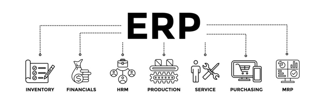 ERP banner icons set for enterprise resource planning with black outline icon of inventory, financials, hrm, production, service, purchasing, and mrp	